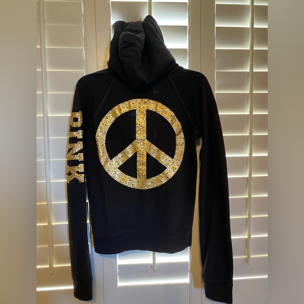 PINK- Victoria’s Secret peace sign, rhinestone zip hoodie, Medium